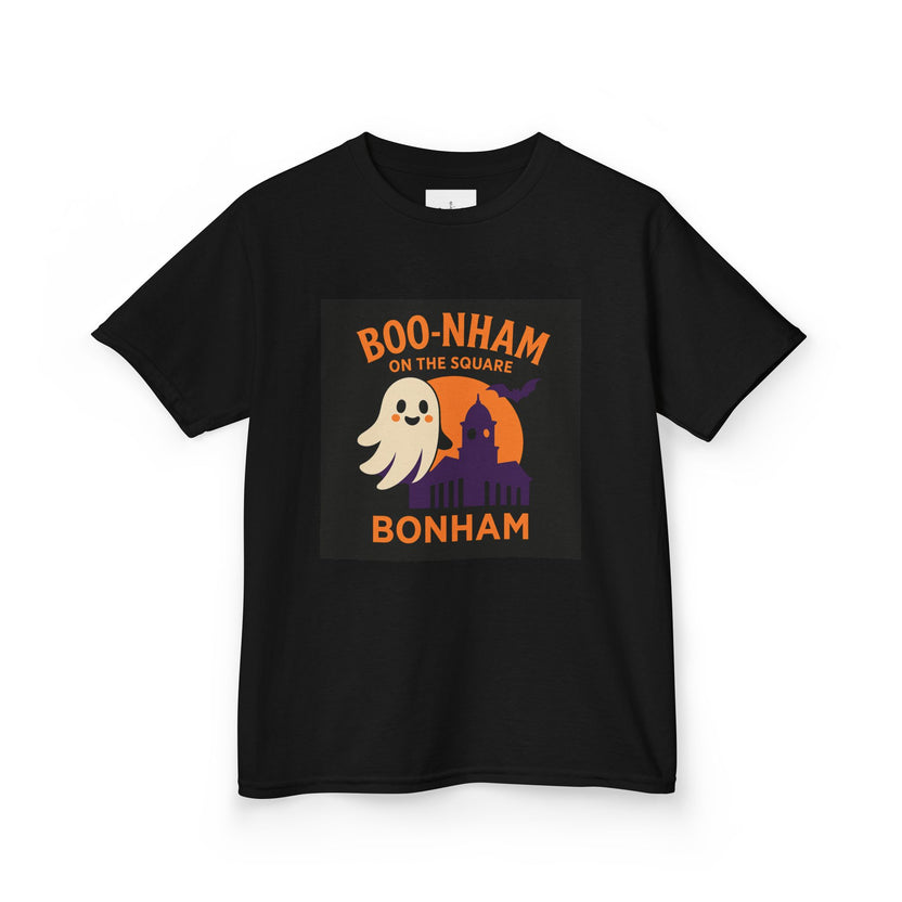Boo-nham on the Square Bonham T-shirt design featuring a smiling ghost and courthouse silhouette