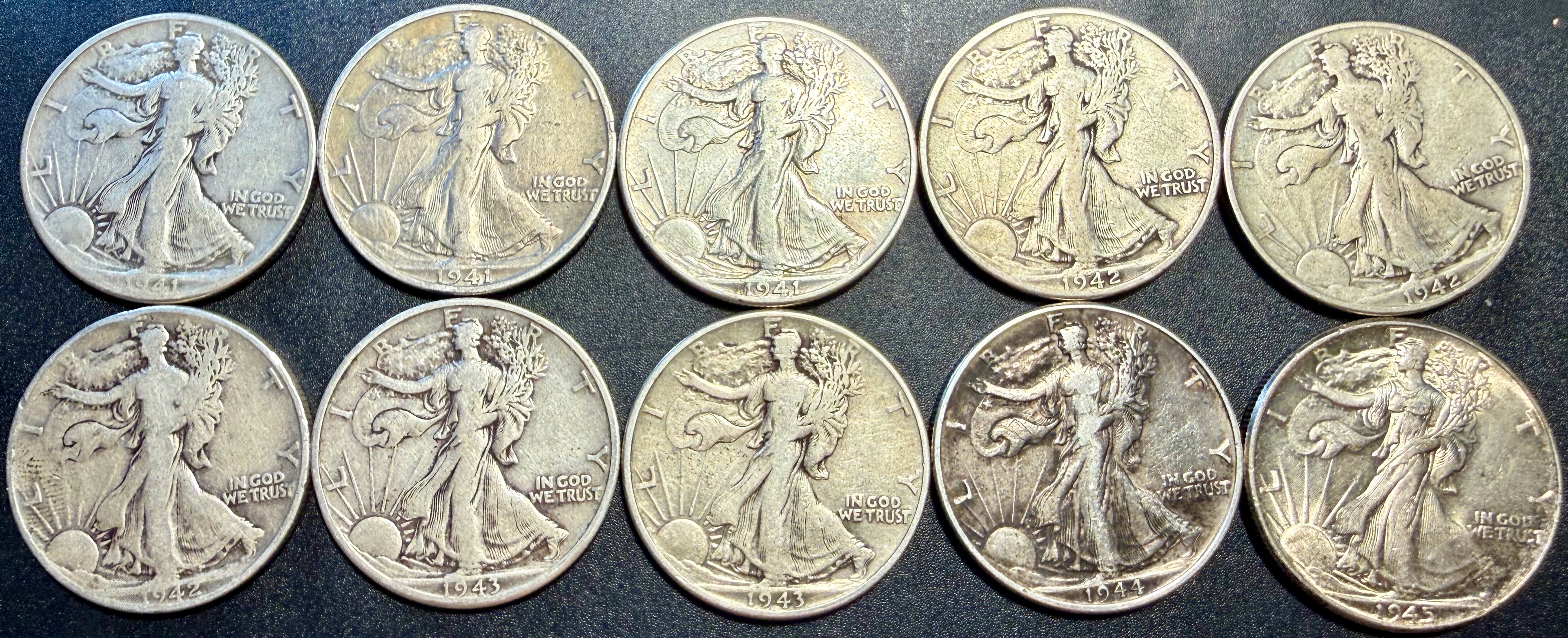 10x Walking Liberty Half Dollar 90% Silver Coins Mixed Dates & Mints - ASW