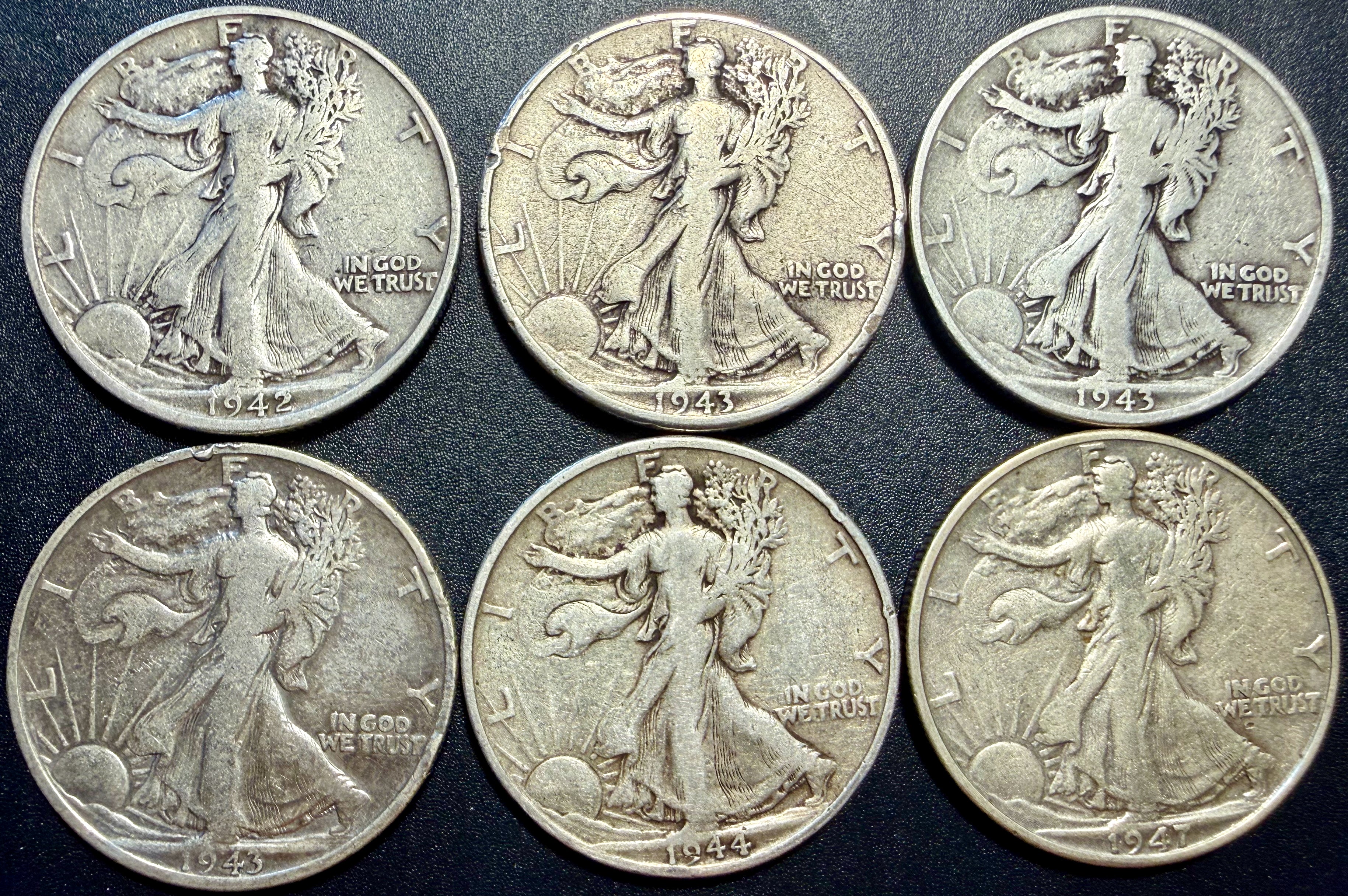 6x Walking Liberty Half Dollar 90% Silver Coins Mixed Dates & Mints - ASW 2.170