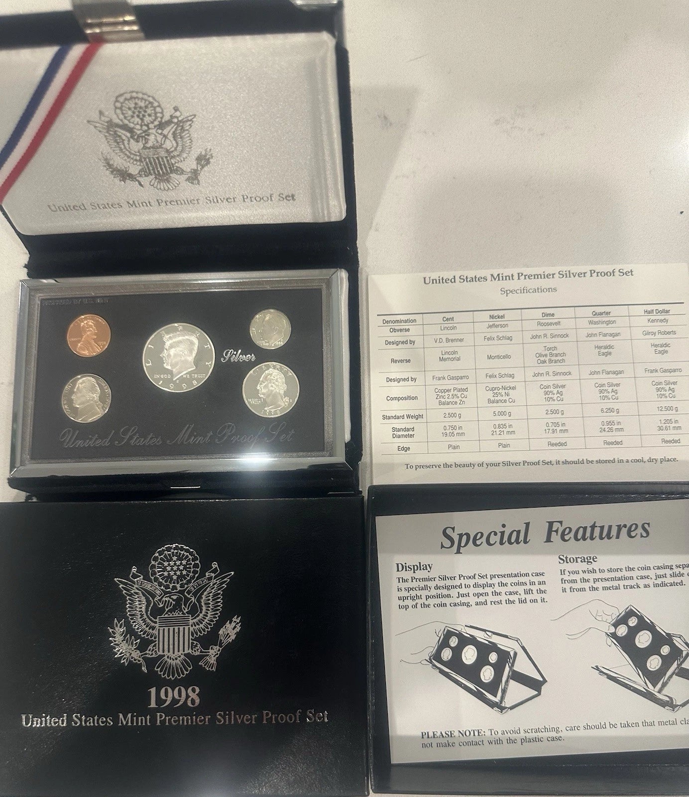 1998-S US Mint Premier Silver Proof Set 5 Coins w/ Box & COA