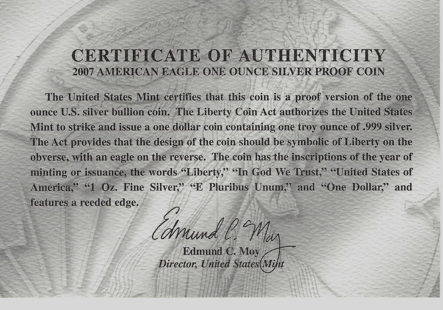 2007-W American Silver Eagle 1 oz Proof Silver Dollar Box & COA