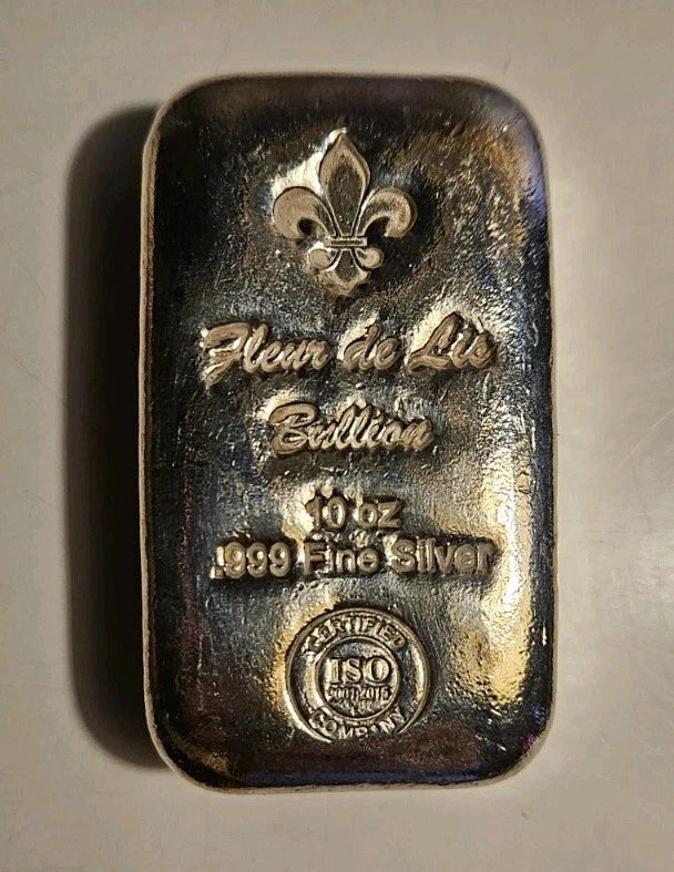 10 oz .999 Fine Silver Cast Bar Fleur de Lis Design