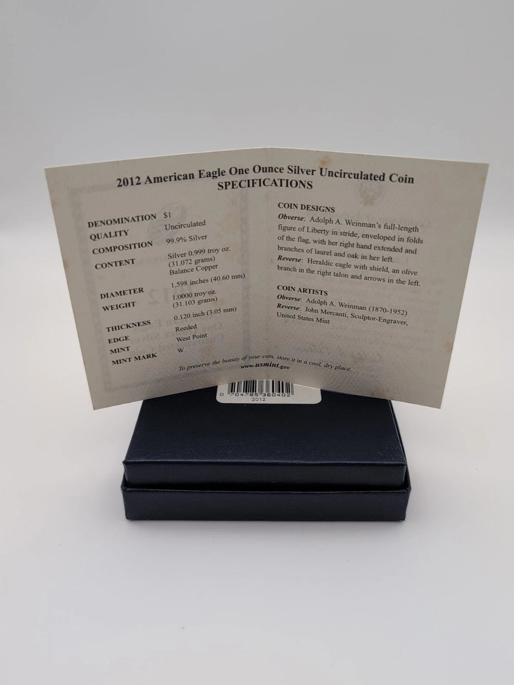 2012-W American Silver Eagle 1 oz Burnished Uncirculated Coin OGP & COA
