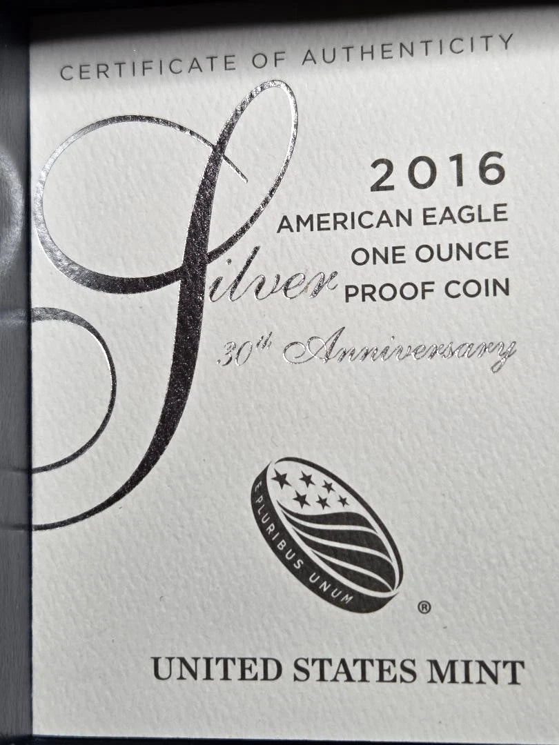 2016-W American Silver Eagle 1 oz Proof Coin 30th Anniversary Lettered Edge OGP & COA