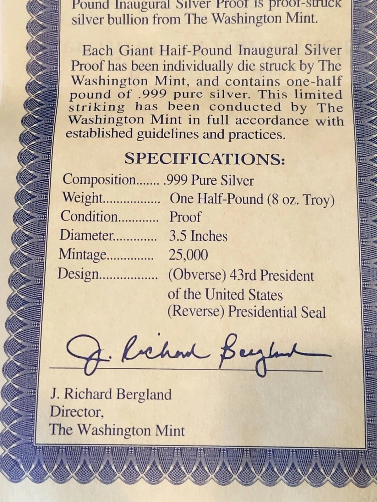 2001 HALF POUND INAUGURAL SILVER PROOF GEORGE BUSH