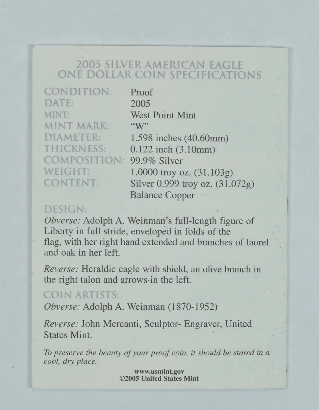 2005-W American Silver Eagle 1 oz Burnished Uncirculated Coin Box & COA