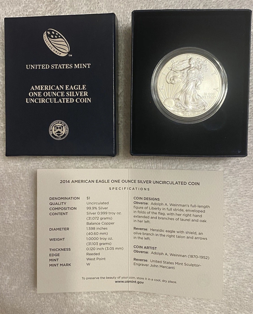 2014-W American Silver Eagle 1 oz Burnished Uncirculated Coin Box & COA