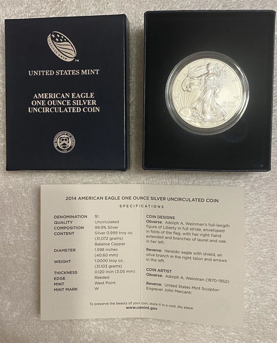 2014-W American Silver Eagle 1 oz Burnished Uncirculated Coin Box & COA
