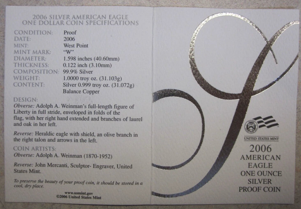 2006-W American Silver Eagle 1 oz Proof Silver Dollar Original Box & COA