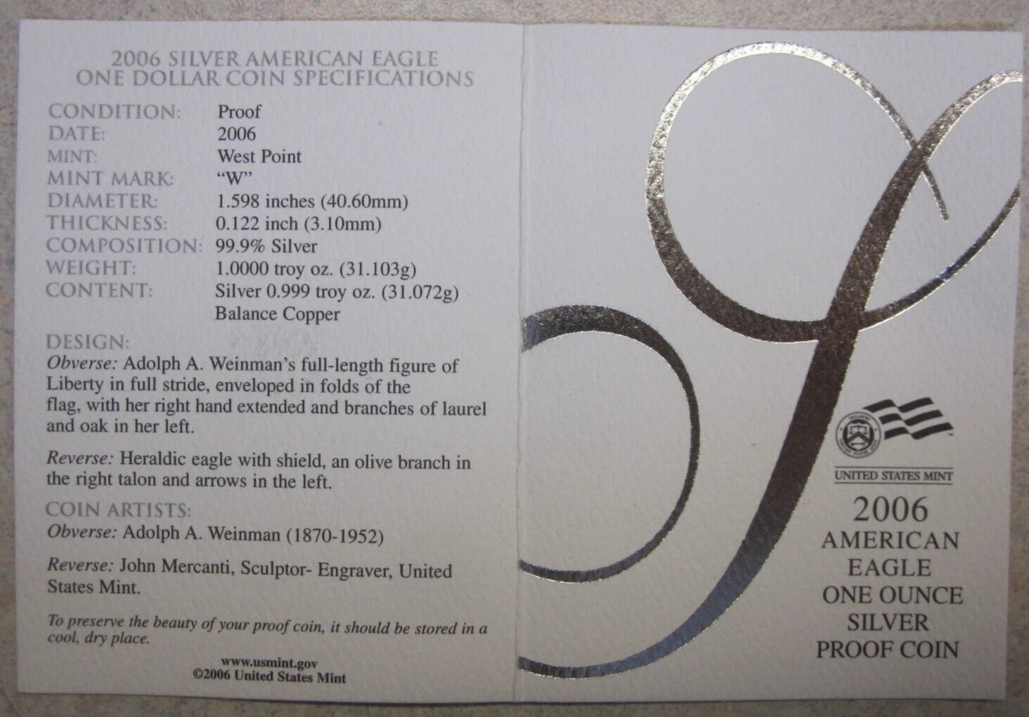 2006-W American Silver Eagle 1 oz Proof Silver Dollar Original Box & COA