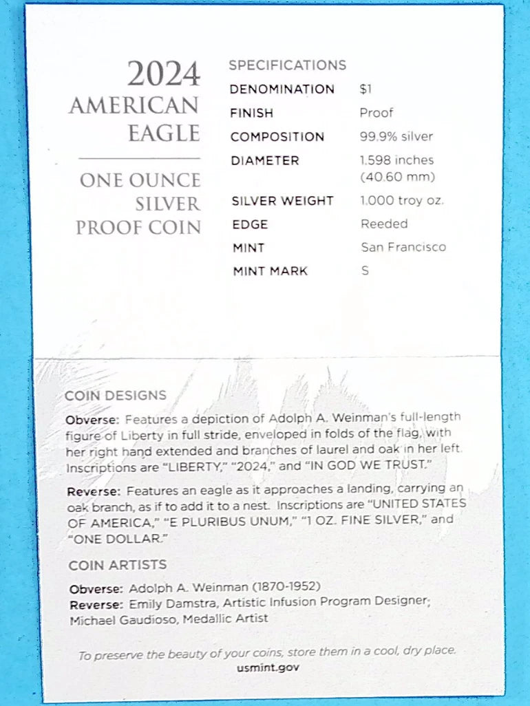 2024-S American Silver Eagle 1 oz Proof Silver Dollar Box & COA San Francisco
