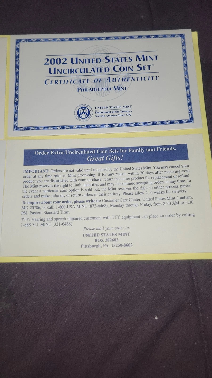 2002 P&D US Mint Uncirculated Set 20 Coins with COA