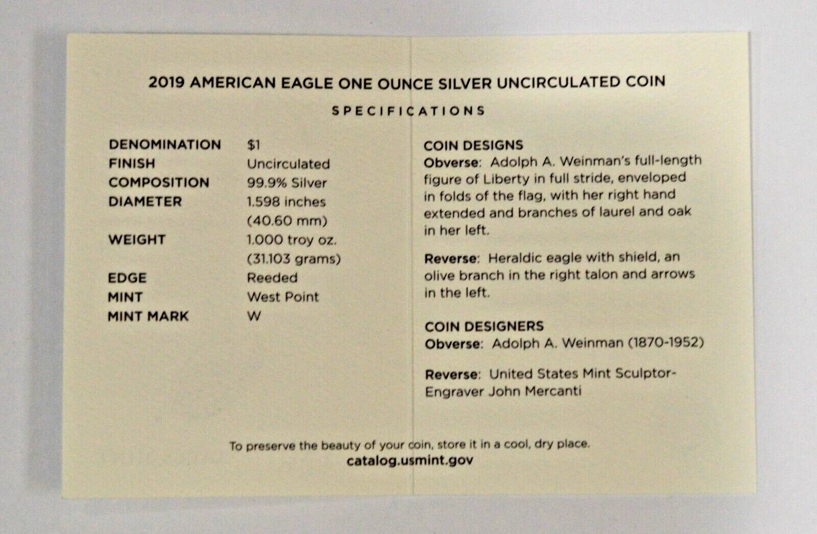 2019-W American Silver Eagle 1 oz Burnished Uncirculated Coin Box & COA