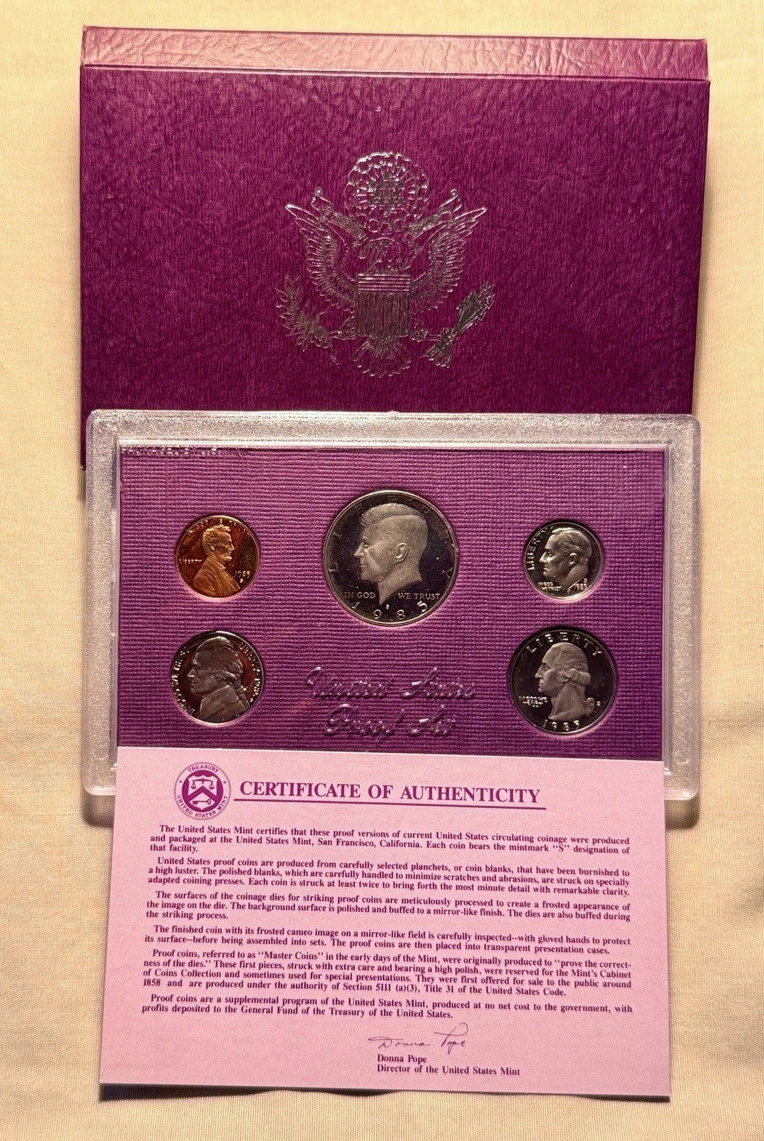 1985-S US Mint Proof Set 5 Coins with OGP & COA