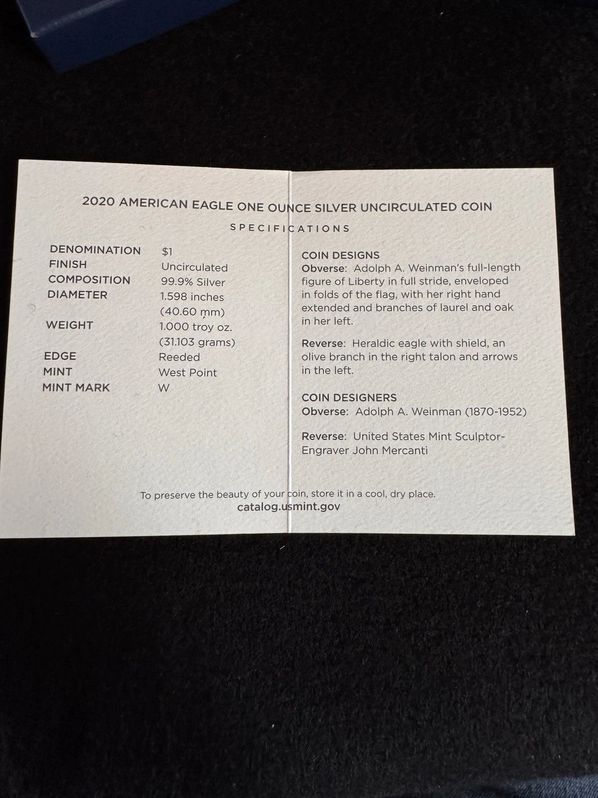2020-W American Silver Eagle 1 oz Burnished Uncirculated Coin OGP & COA