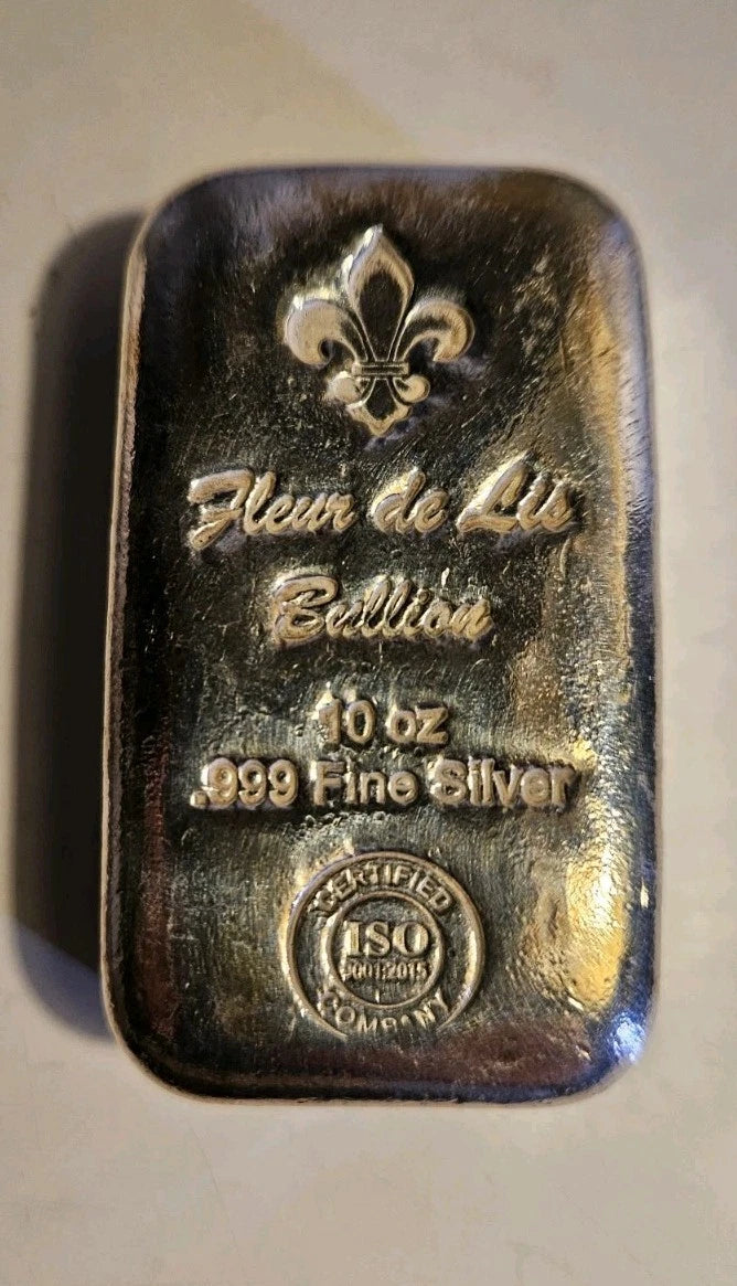 10 oz .999 Fine Silver Cast Bar Fleur de Lis Design