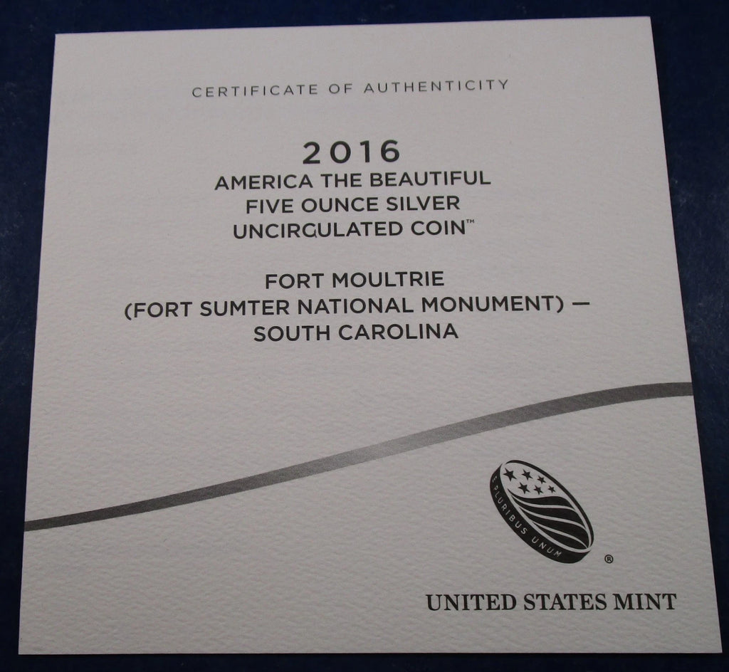 2016-P 5 oz .999 Fine Silver ATB Coin Fort Moultrie (Fort Sumter NM)