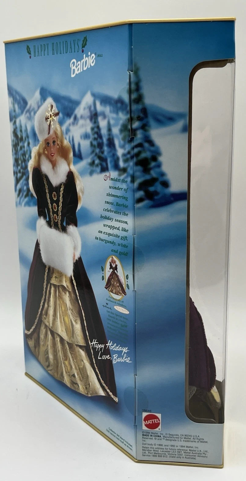 1996 Mattel Happy Holidays Barbie Doll #15646 Purple Eyes Variant NRFB