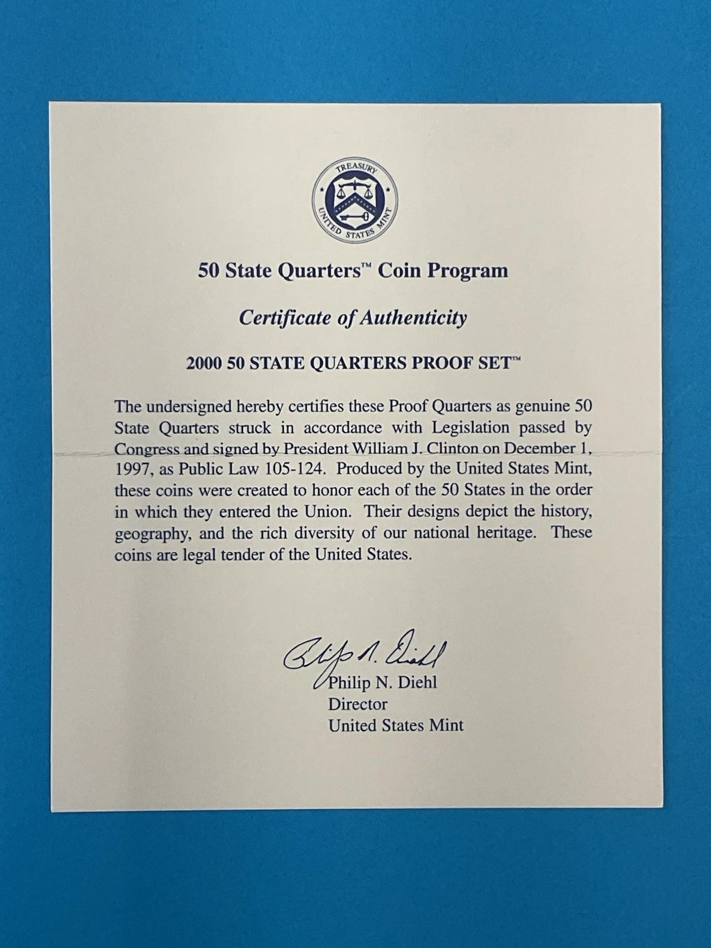 2000-S US Mint 50 State Quarters Proof Set 5 Coins with COA & Box