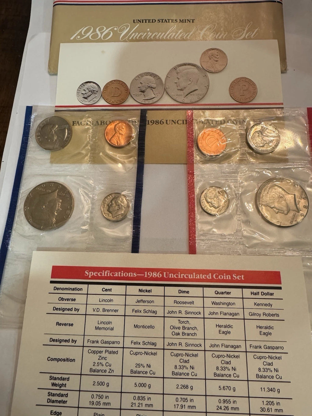1986 P&D US Mint Uncirculated Set 10 Coins with OGP & COA
