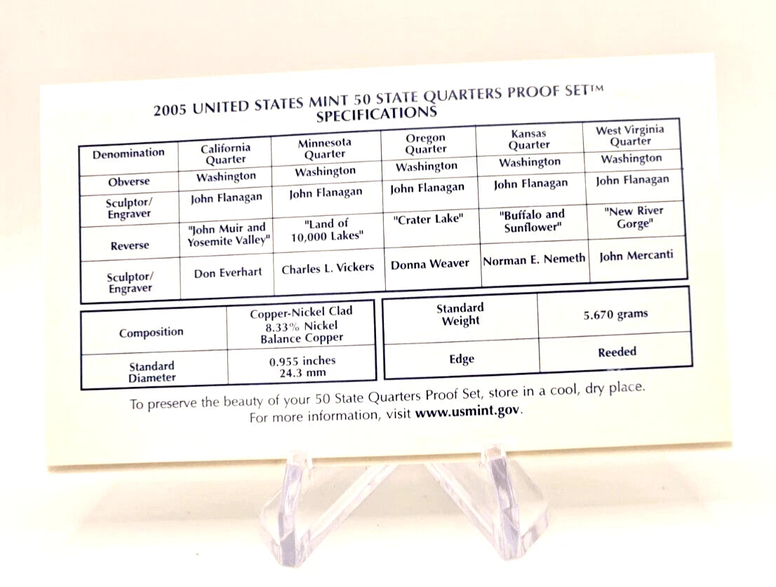 2005-S US Mint 50 State Quarters Proof Set 5 Coins with OGP & COA