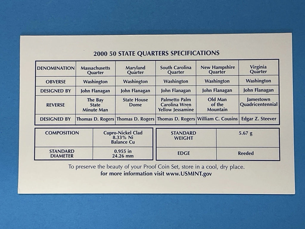 2000-S US Mint 50 State Quarters Proof Set 5 Coins with COA & Box