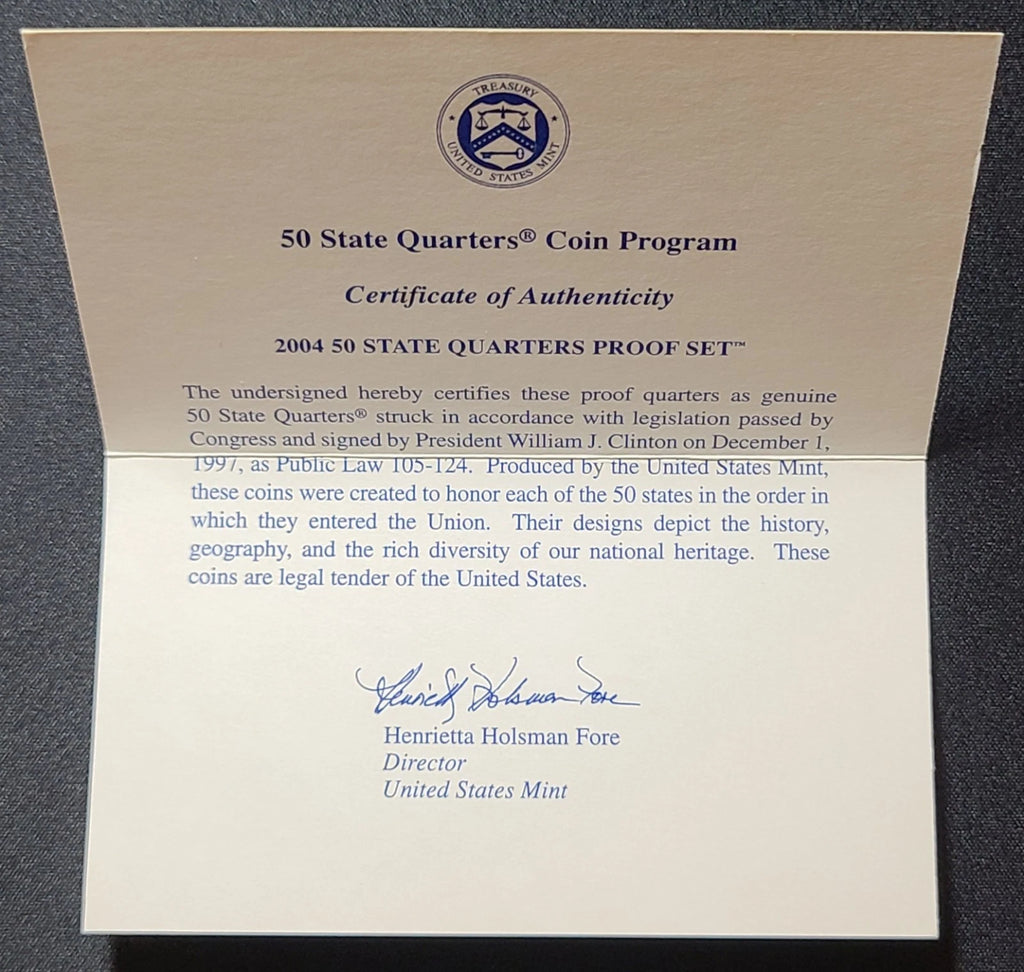 2004-S US Mint 50 State Quarters Proof Set 5 Coins with OGP & COA