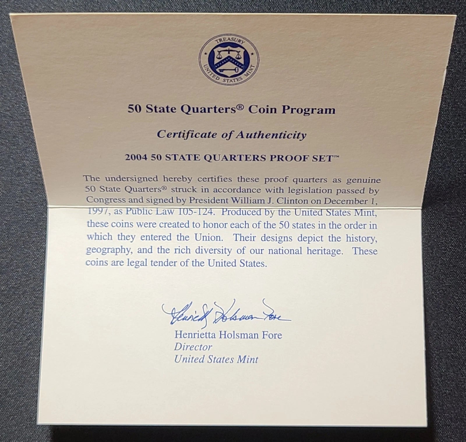 2004-S US Mint 50 State Quarters Proof Set 5 Coins with OGP & COA