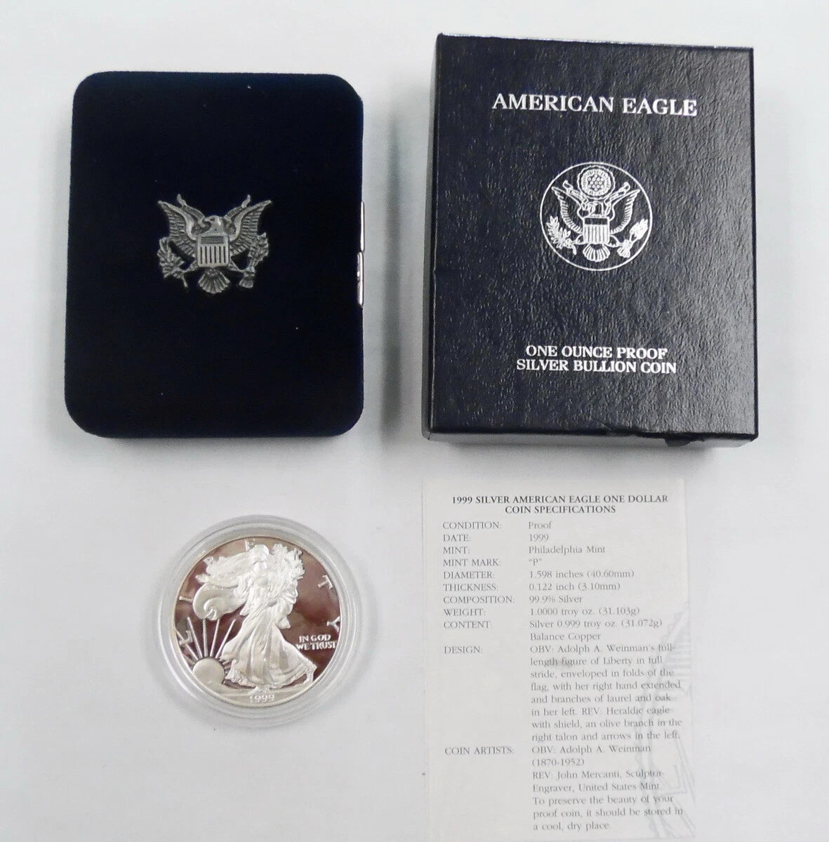 1999-P American Silver Eagle 1 oz Proof Silver Dollar Box & COA