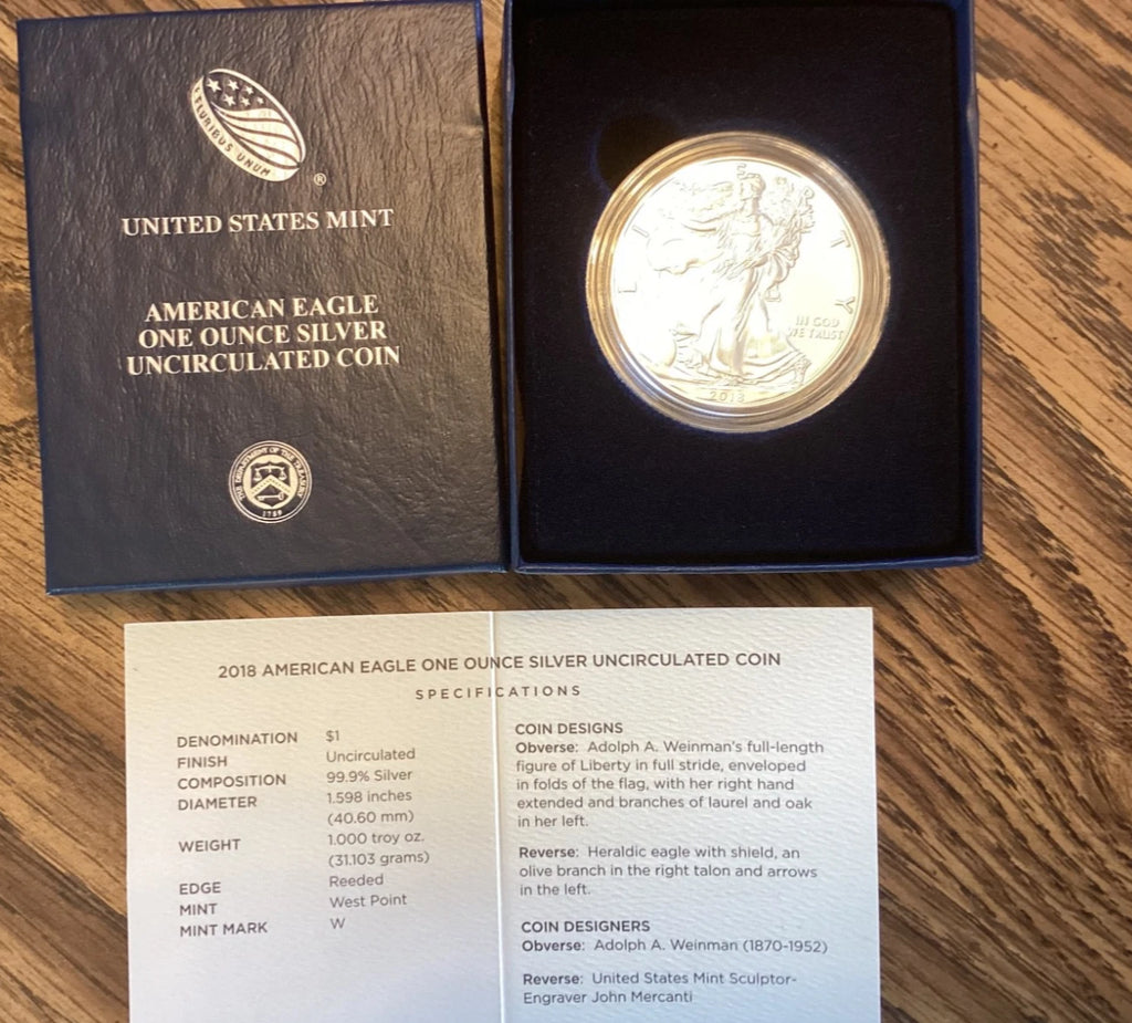 2018-W American Silver Eagle 1 oz Burnished Uncirculated Coin Capsule Box & COA