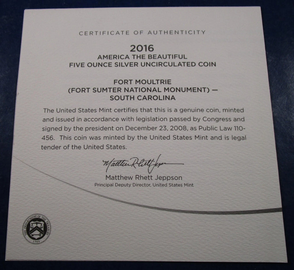 2016-P 5 oz .999 Fine Silver ATB Coin Fort Moultrie (Fort Sumter NM)