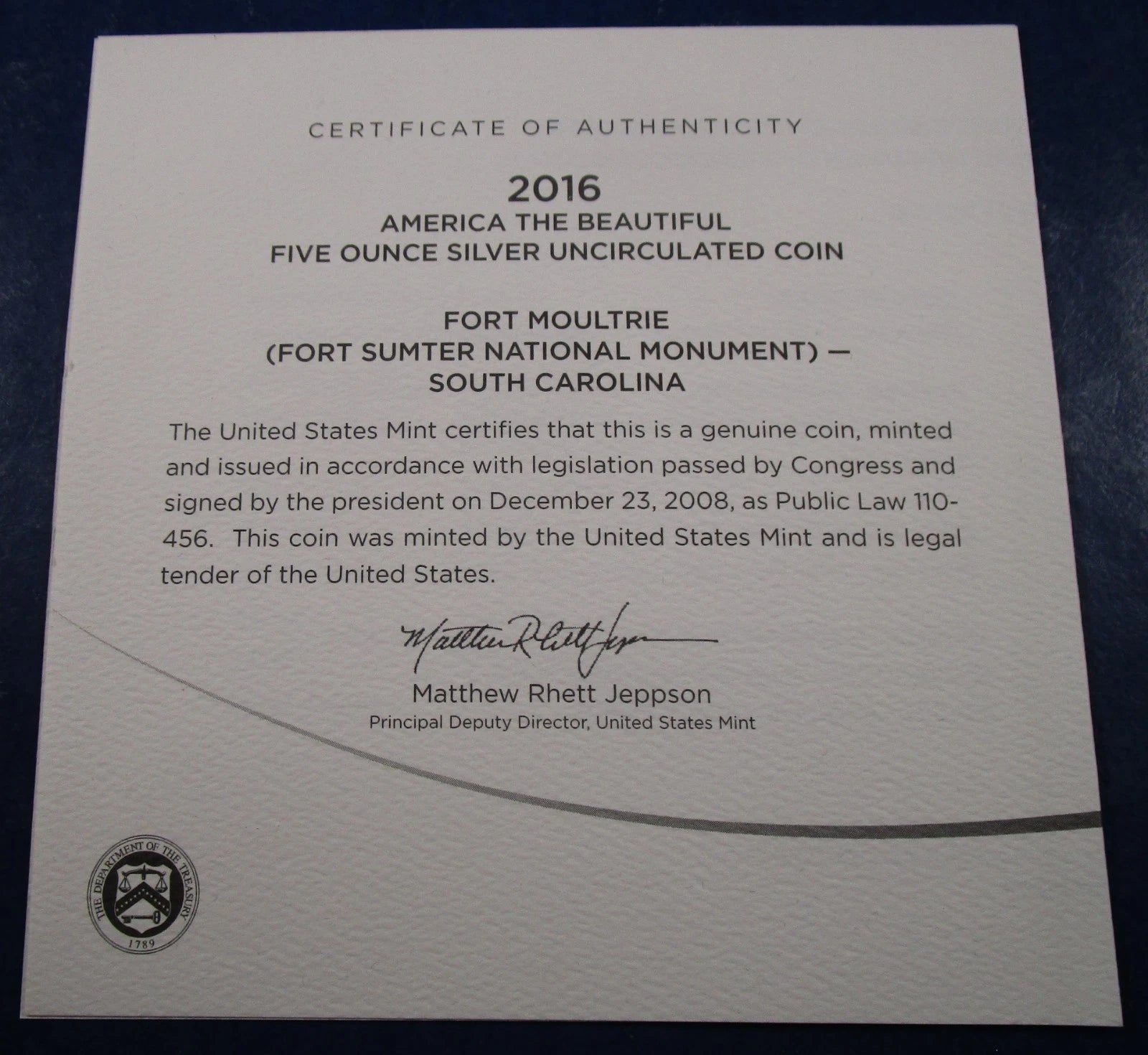 2016-P 5 oz .999 Fine Silver ATB Coin Fort Moultrie (Fort Sumter NM)