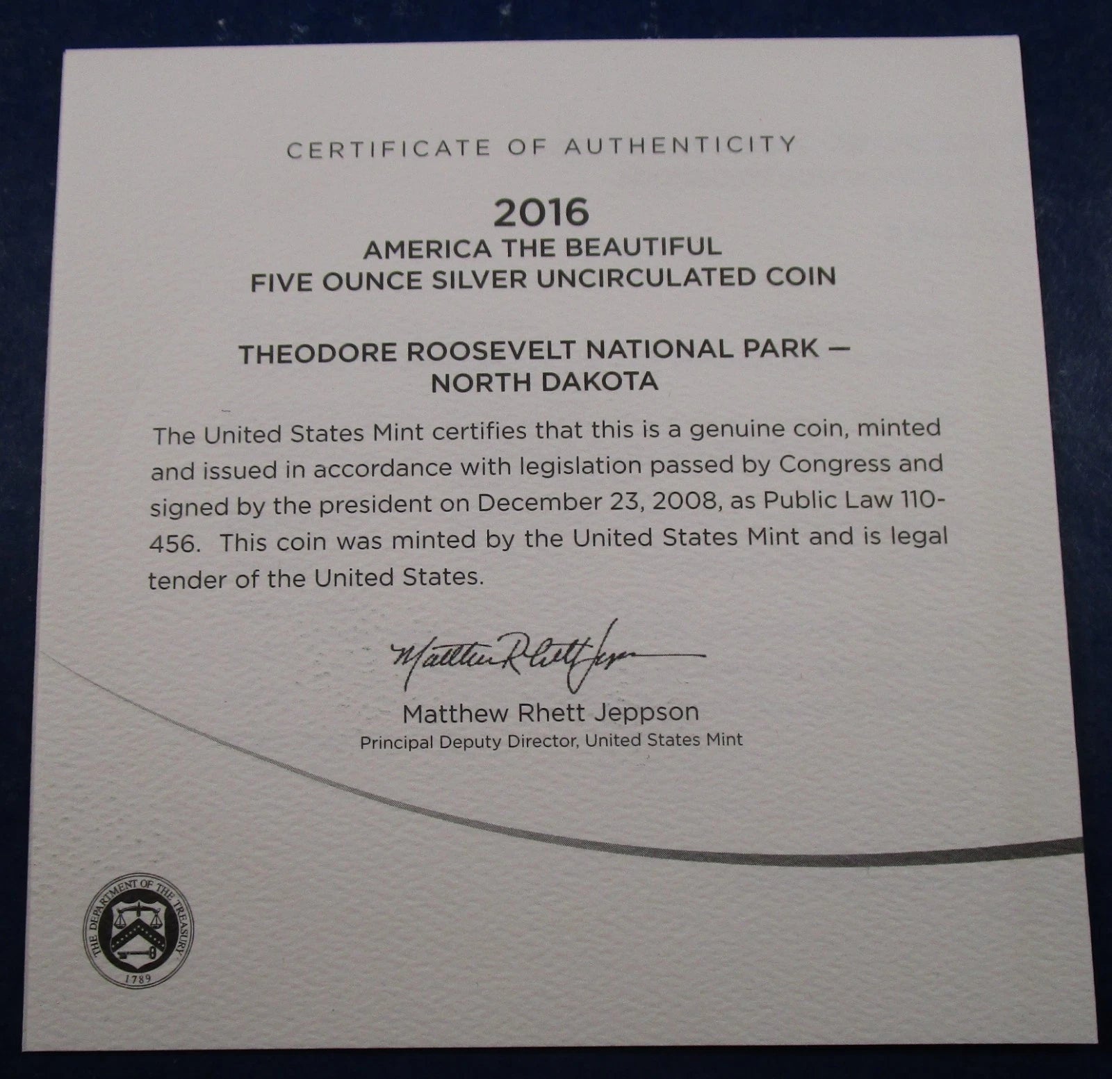 2016-P 5 oz .999 Fine Silver ATB Coin Theodore Roosevelt National Park