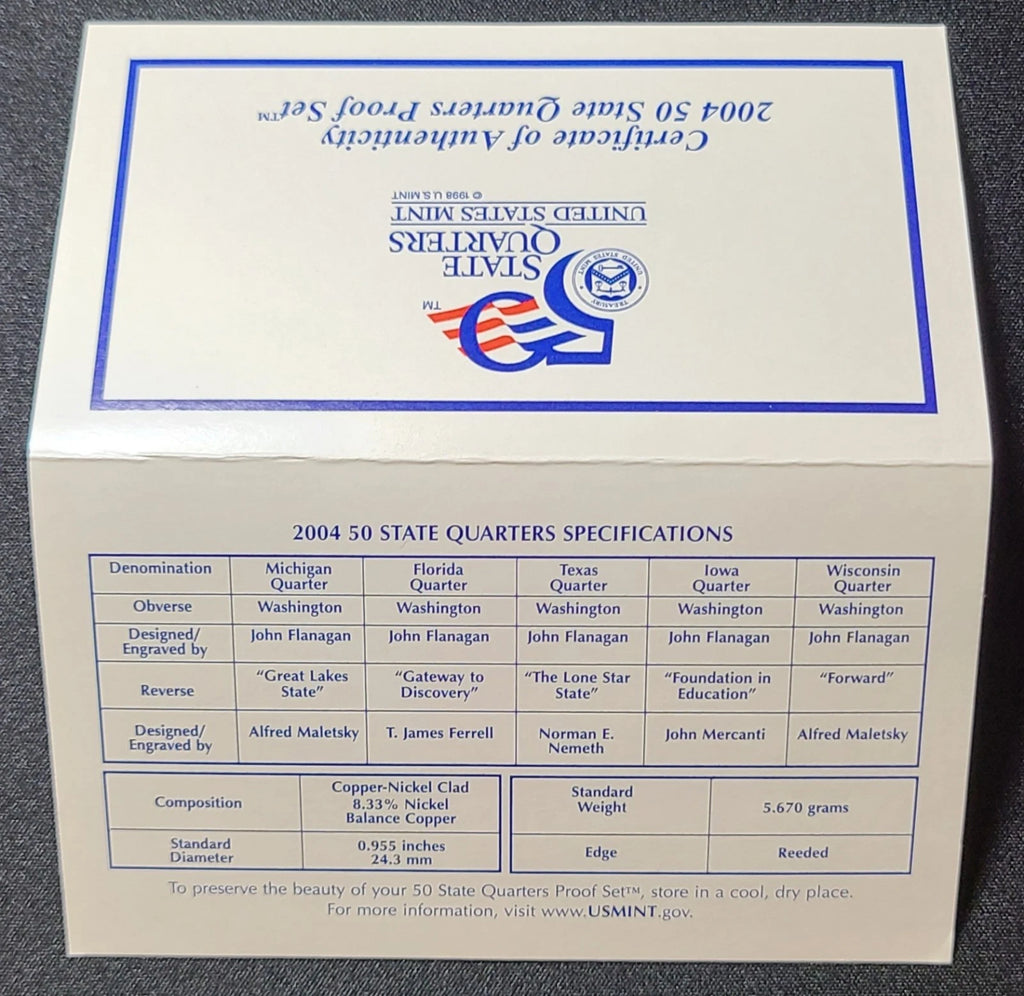 2004-S US Mint 50 State Quarters Proof Set 5 Coins with OGP & COA