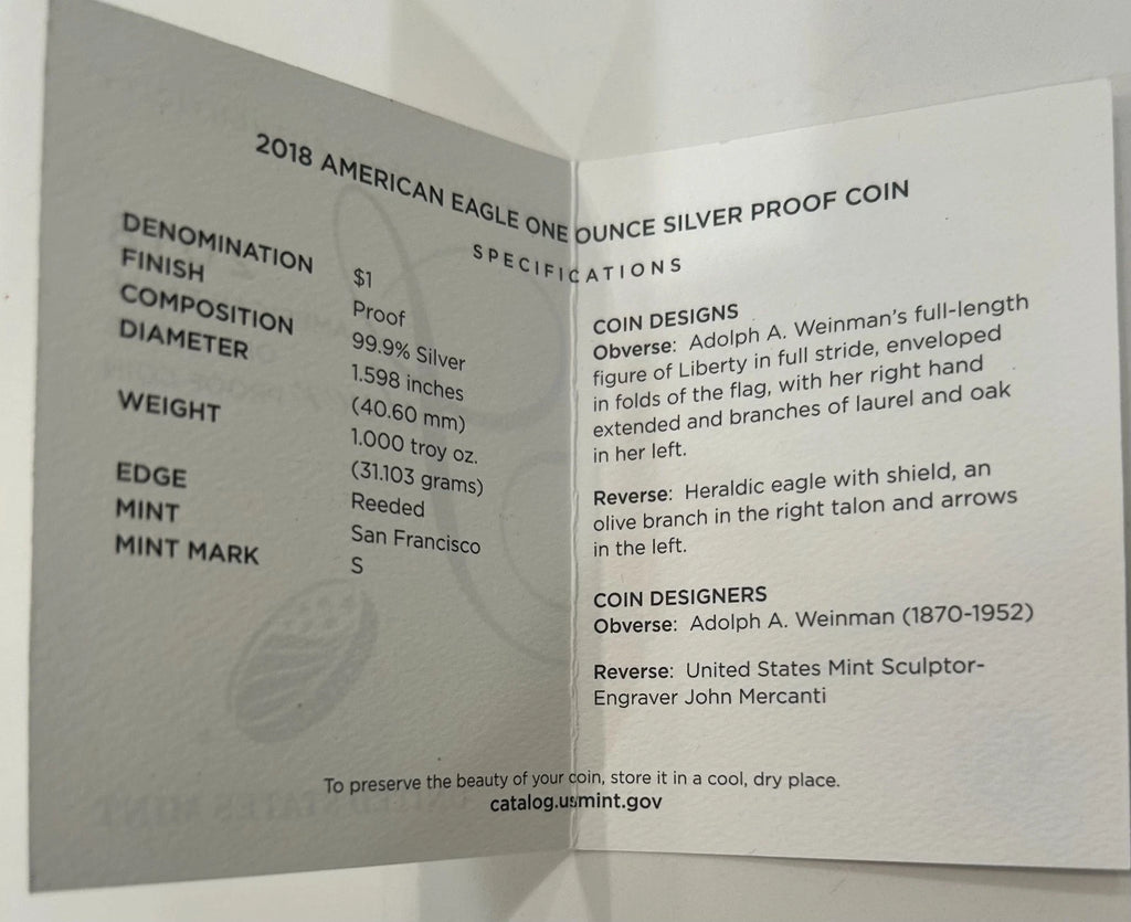 2018-S American Silver Eagle 1 oz Proof Silver Dollar Case Box & COA