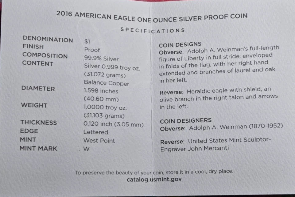 2016-W American Silver Eagle 1 oz Proof Coin 30th Anniversary Lettered Edge OGP & COA