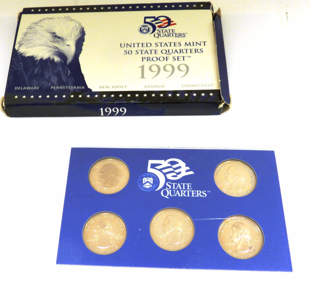 1999-S US Mint 50 State Quarters Proof Set 5 Coins First Year w/ Box & COA