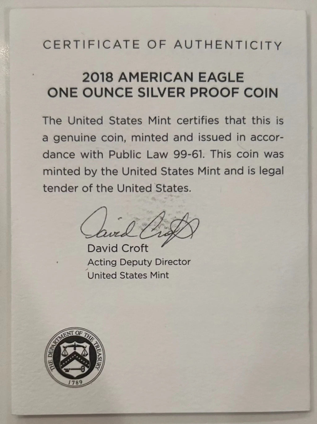 2018-S American Silver Eagle 1 oz Proof Silver Dollar Case Box & COA