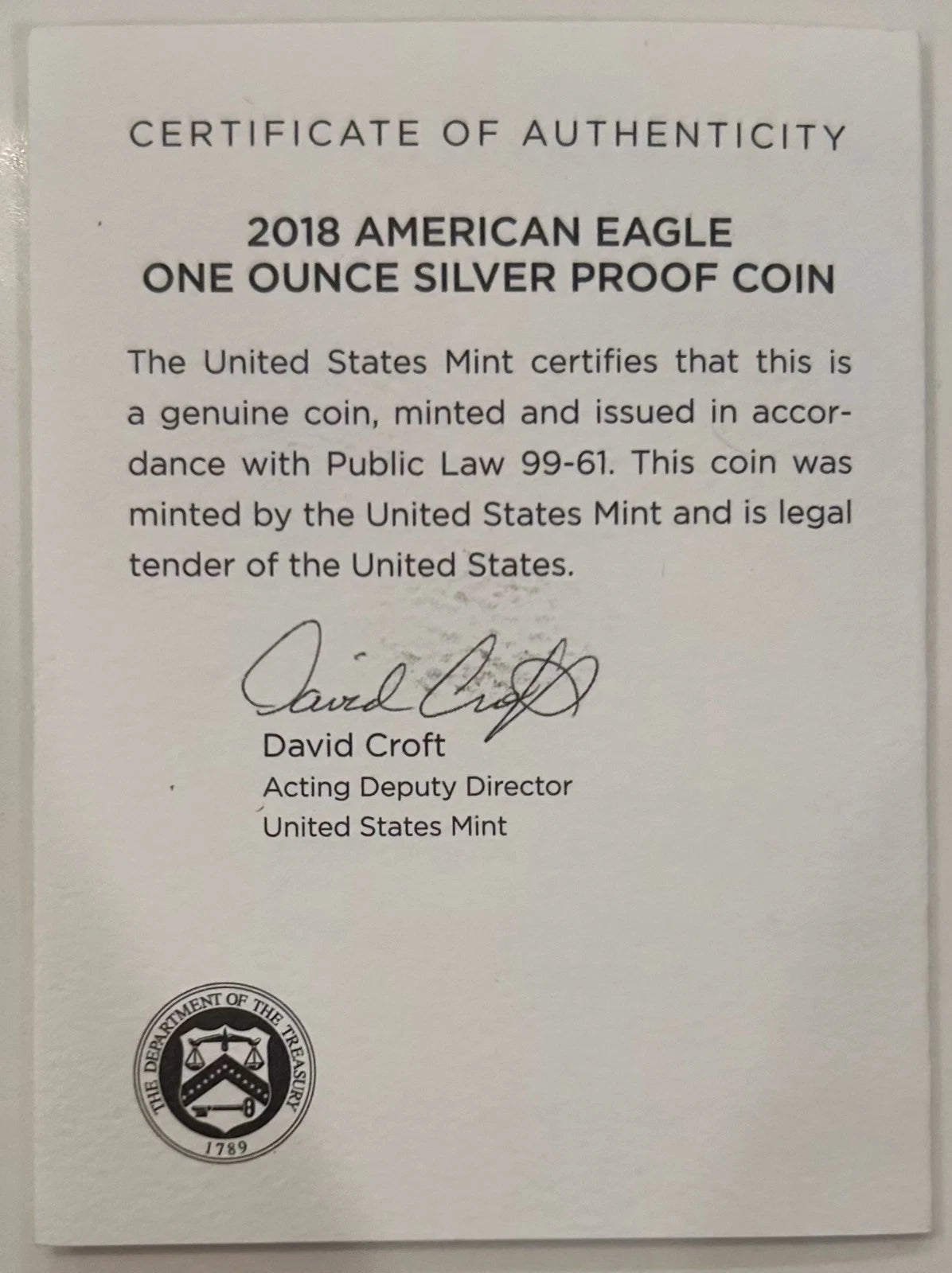 2018-S American Silver Eagle 1 oz Proof Silver Dollar Case Box & COA