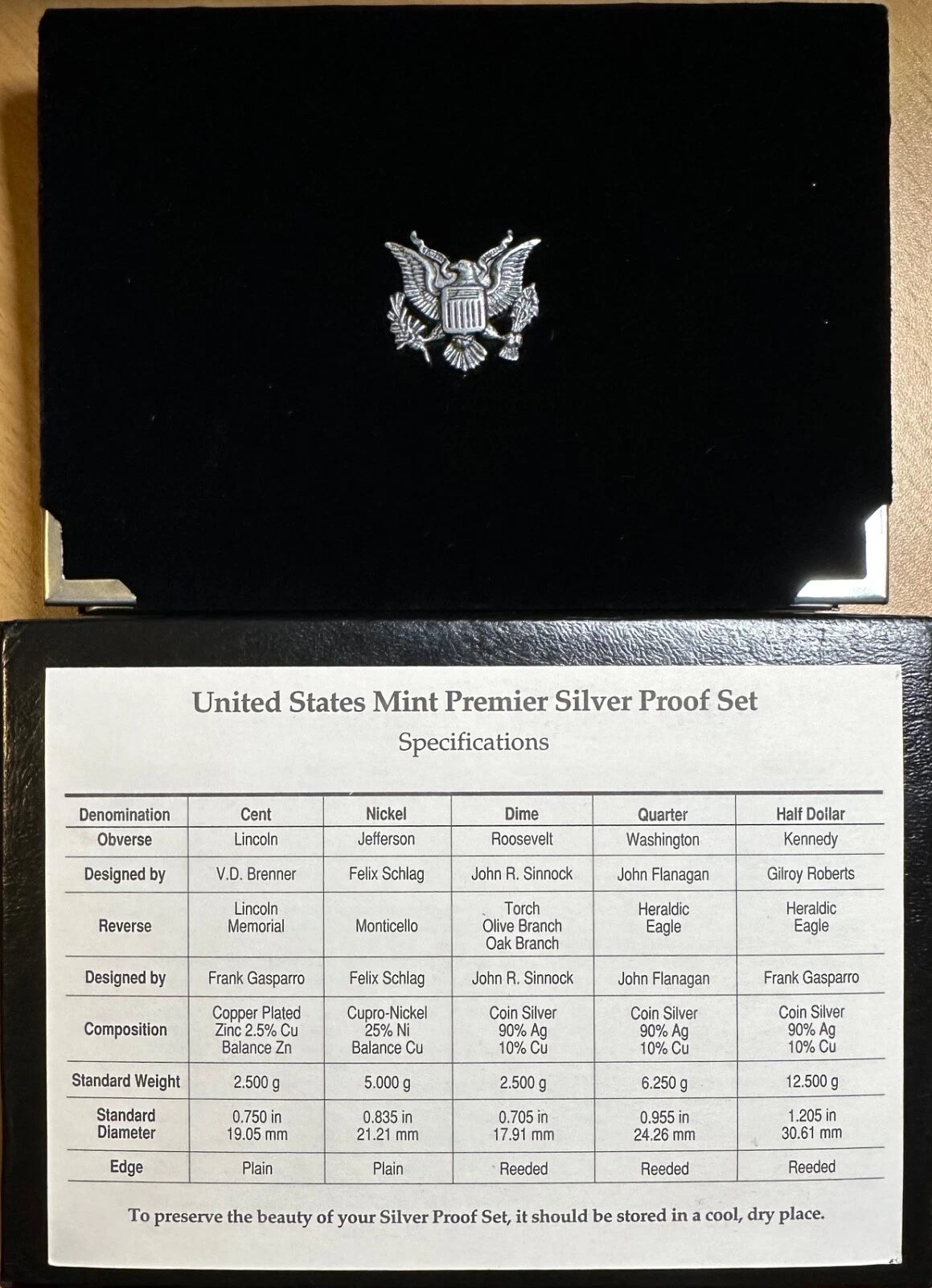 1993-S US Mint Premier Silver Proof Set 5 Silver Coins with COA