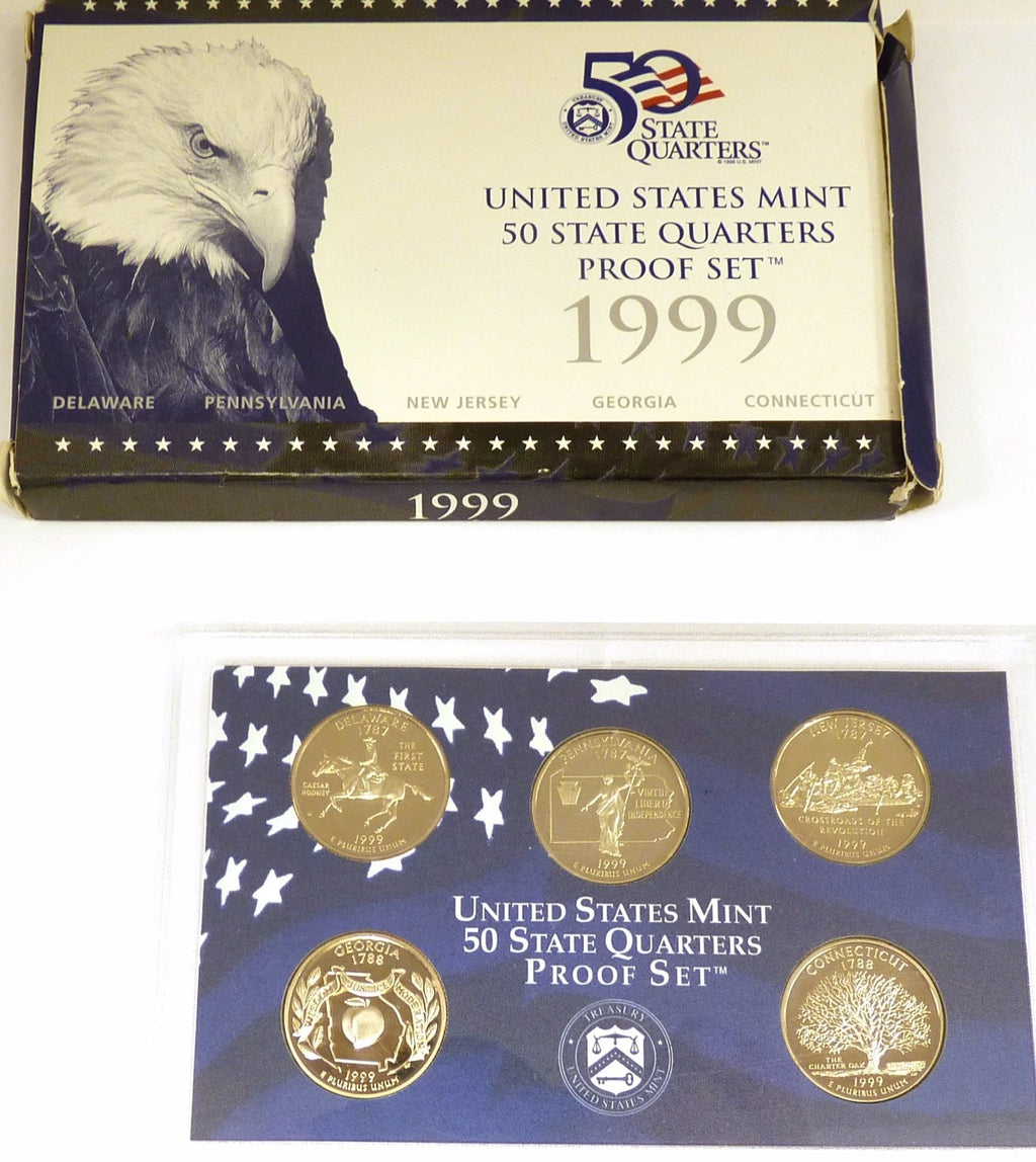 1999-S US Mint 50 State Quarters Proof Set 5 Coins First Year w/ Box & COA