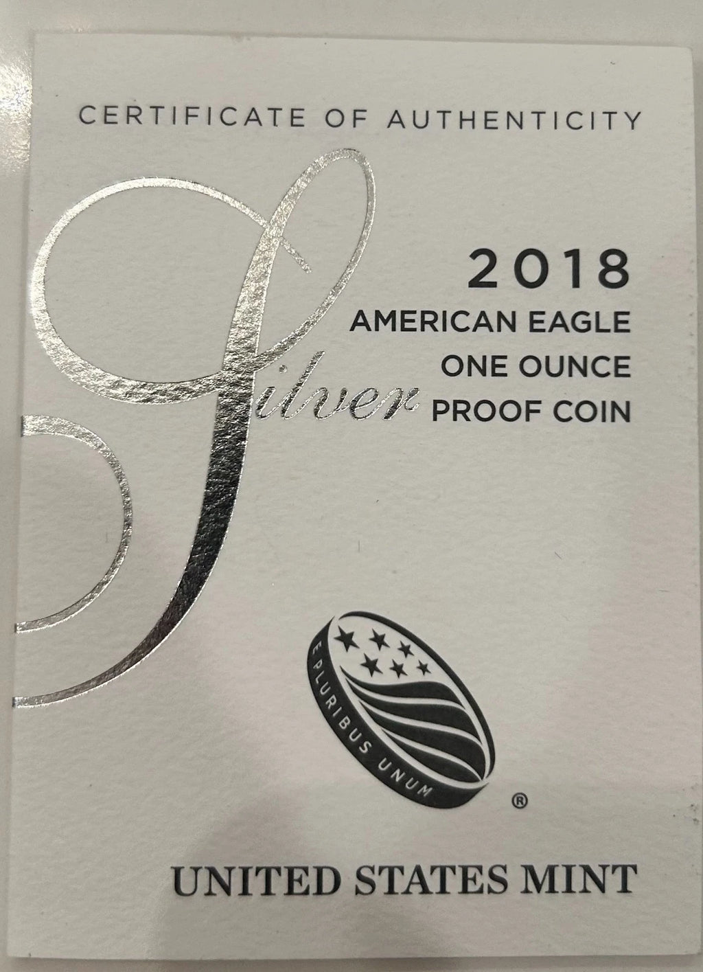 2018-S American Silver Eagle 1 oz Proof Silver Dollar Case Box & COA