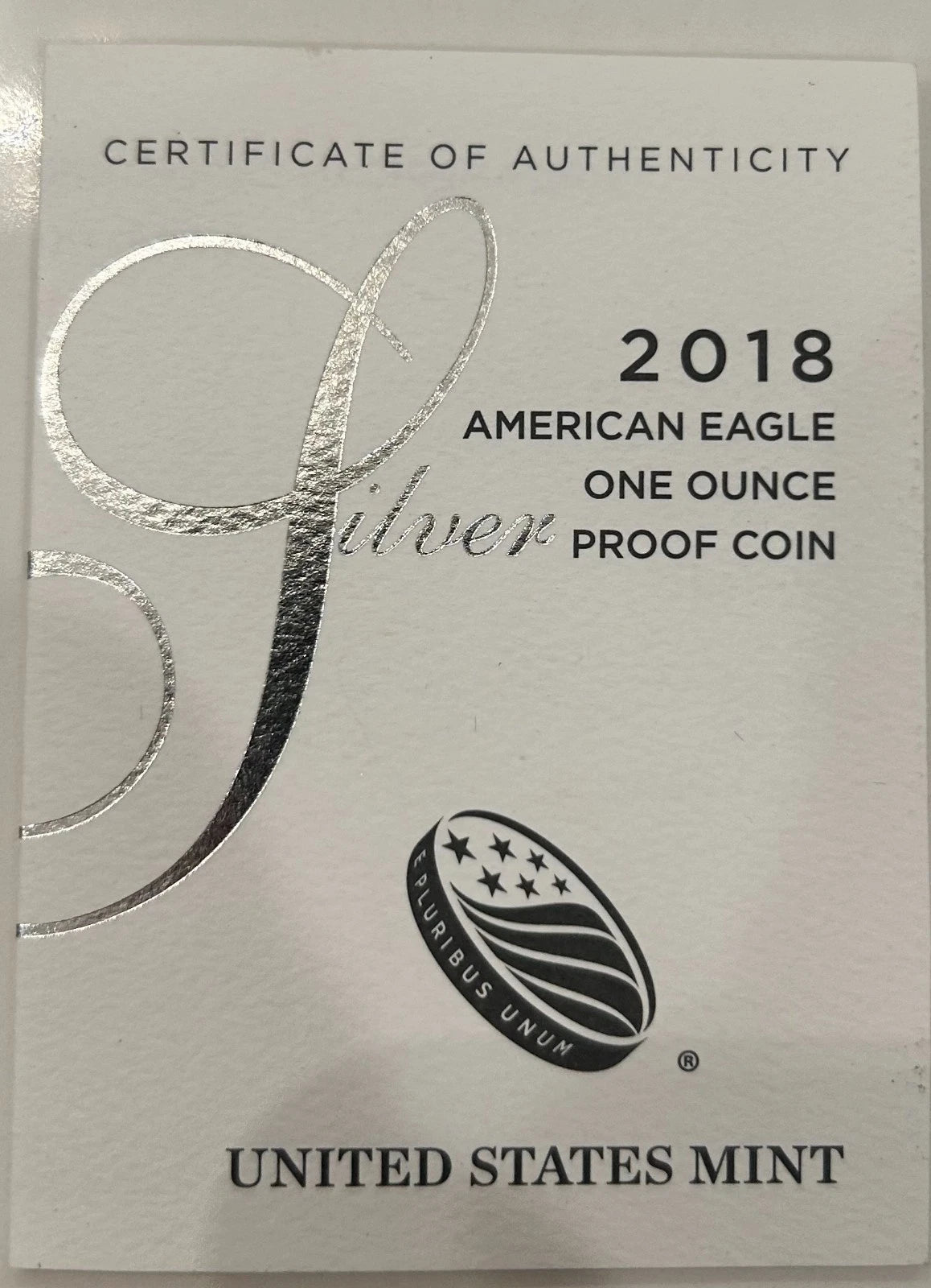 2018-S American Silver Eagle 1 oz Proof Silver Dollar Case Box & COA