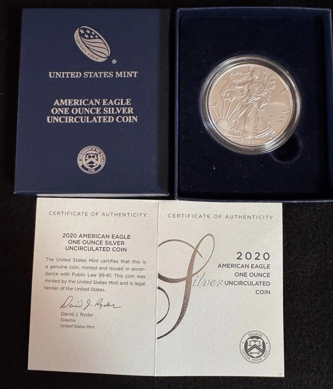 2020-W American Silver Eagle 1 oz Burnished Uncirculated Coin OGP & COA