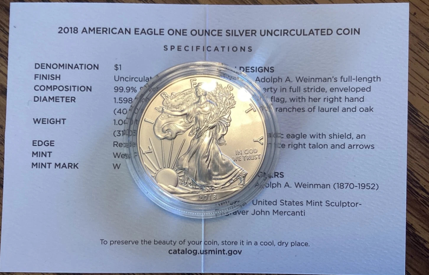 2018-W American Silver Eagle 1 oz Burnished Uncirculated Coin Capsule Box & COA