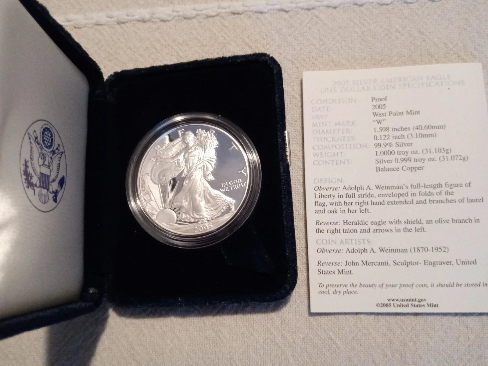 2005-W American Silver Eagle 1 oz Proof Silver Dollar Box Case & COA